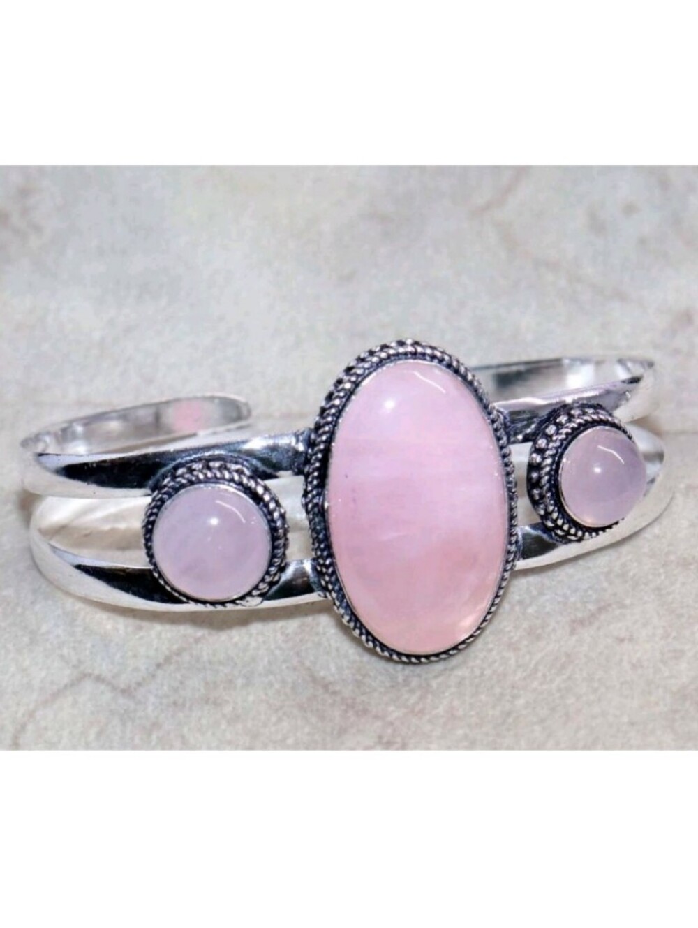 Rose Quartz Gemstone 925 Sterling Silver Handmade Adjustable Cuff Bracelet